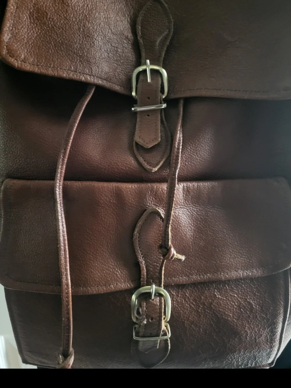 Leather Unisex Drawstring Backpack Brown with Front Buckle Pockets Extra Large